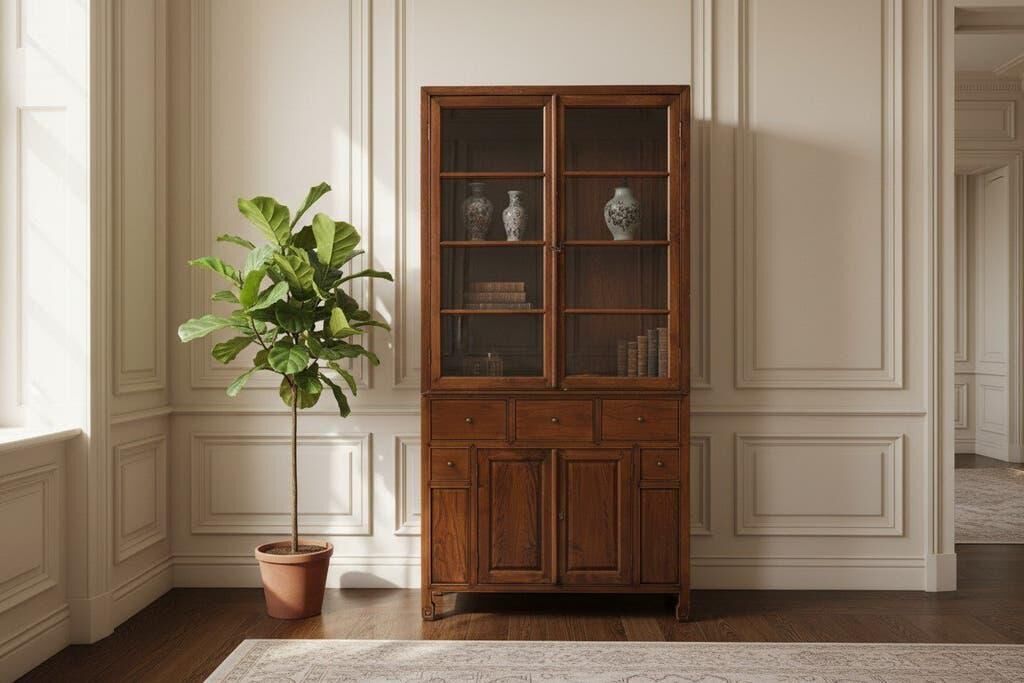 XL vintage wooden display cabinet/buffet, very tall, with glass.