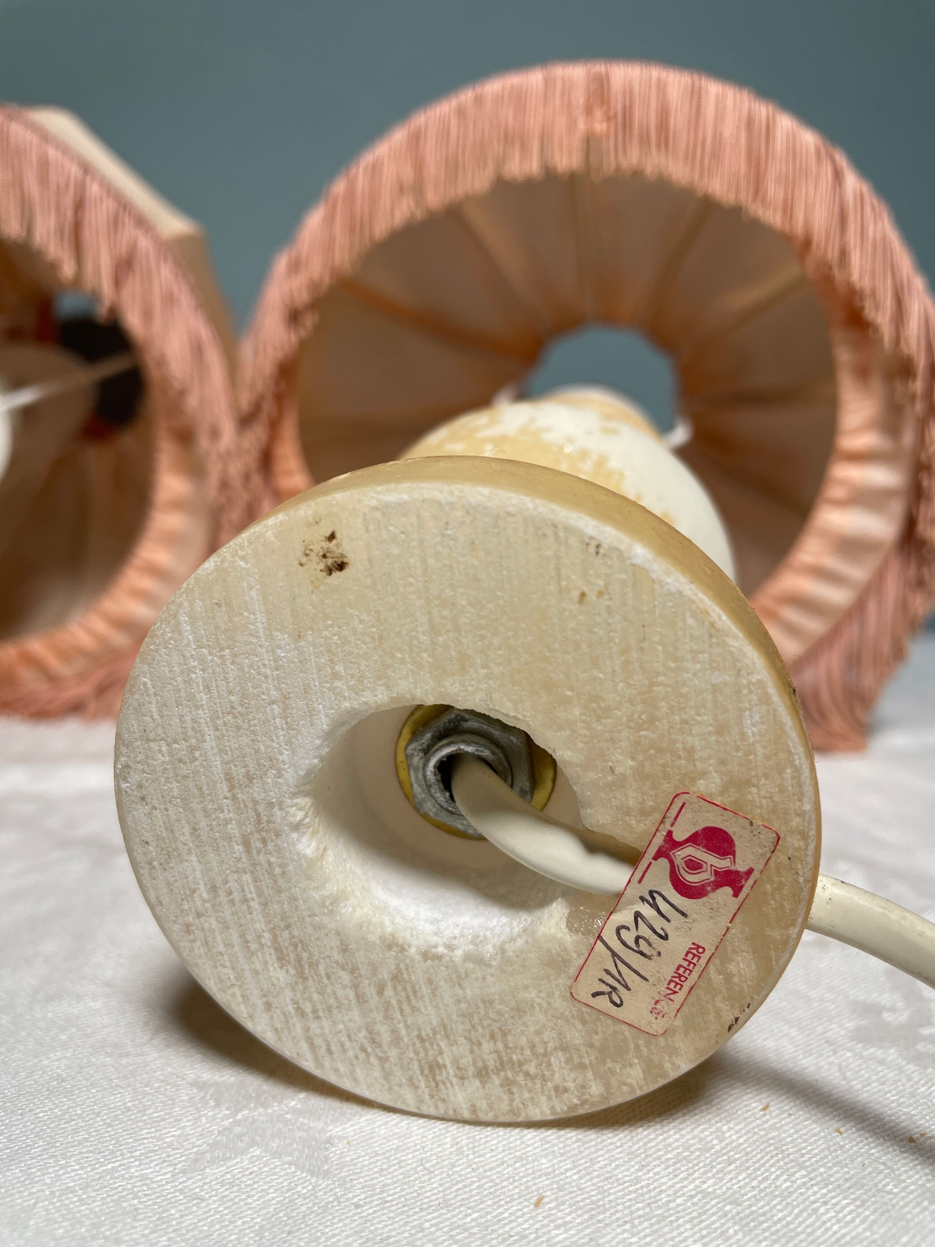 Pair of vintage bedside lamps with pink fringes