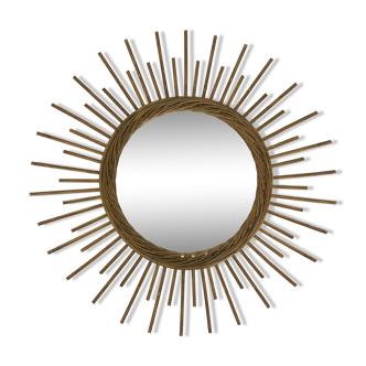 Miroir soleil en rotin des années 60 - 52 x 52 cm