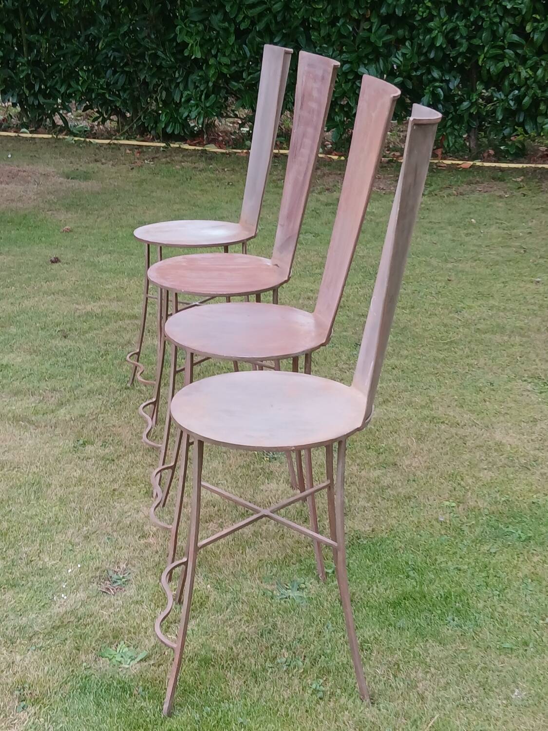 Set of 4 Sculptural Chairs "High Back" - Patinated Raw Metal - D