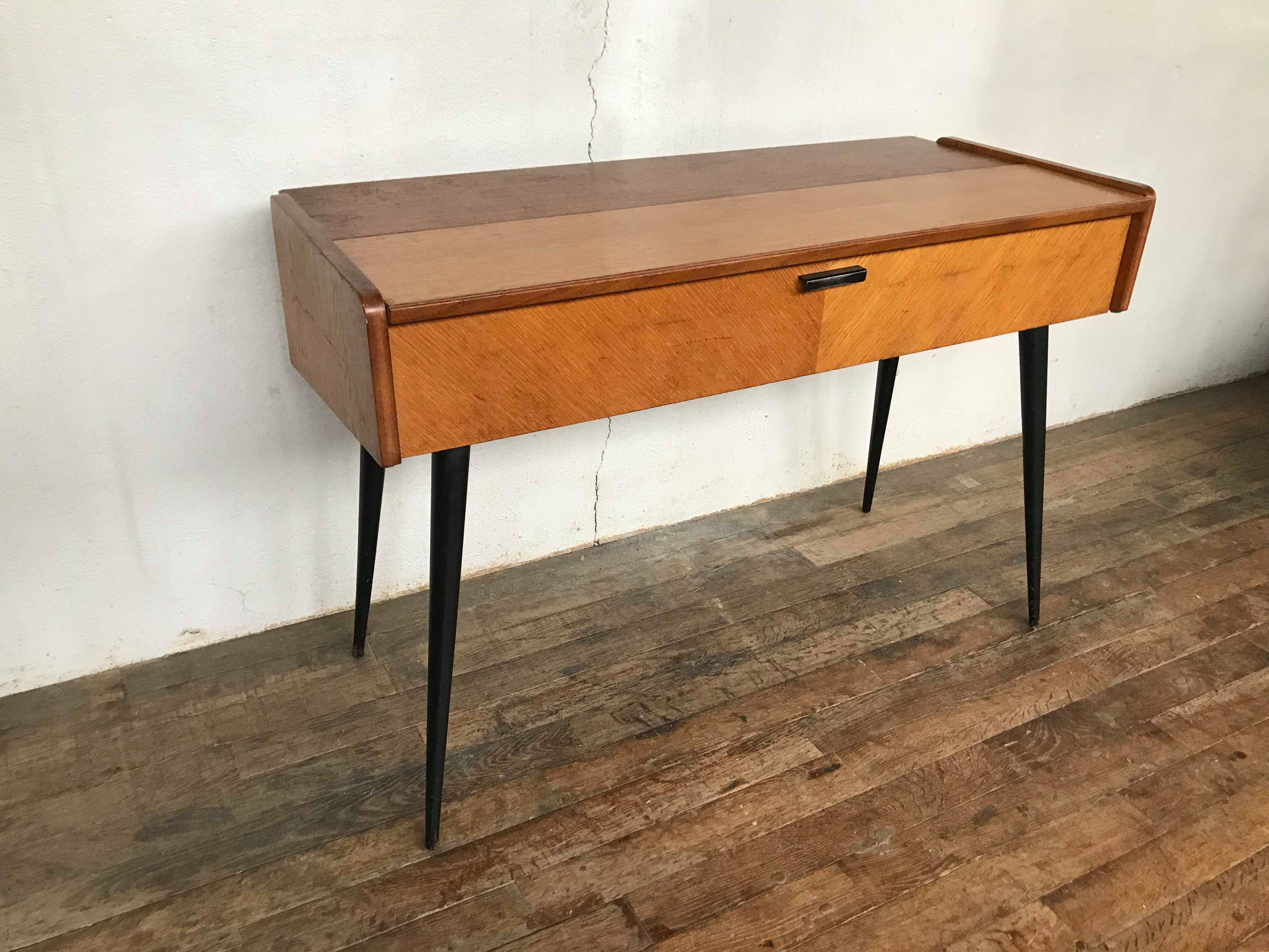 Bureau tricoteuse en teck vintage pieds compas fuseaux noir 1950 1960 style scandinave