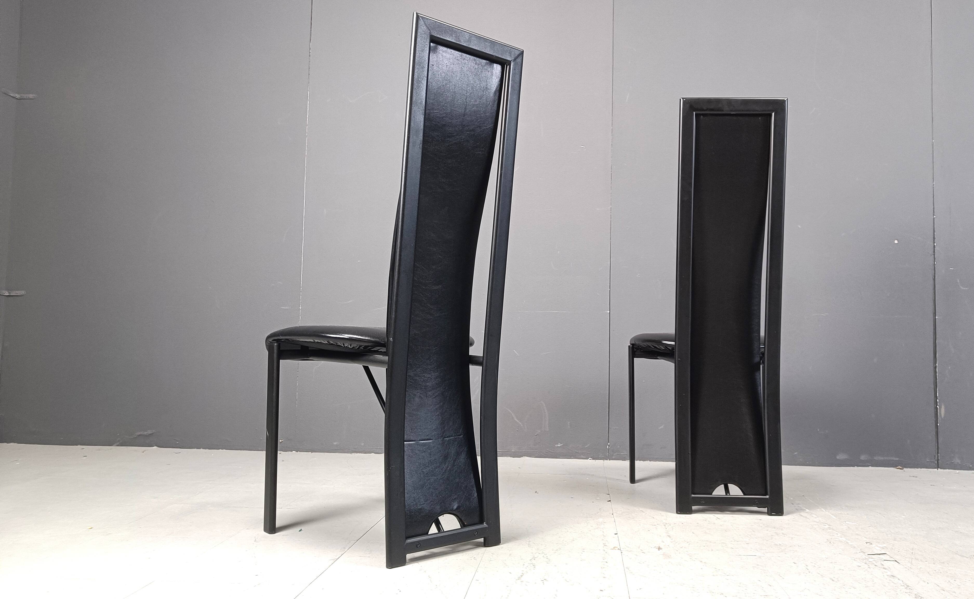 Chaises de salle à manger hautes en cuir noir vintage, lot de 6, années 1980