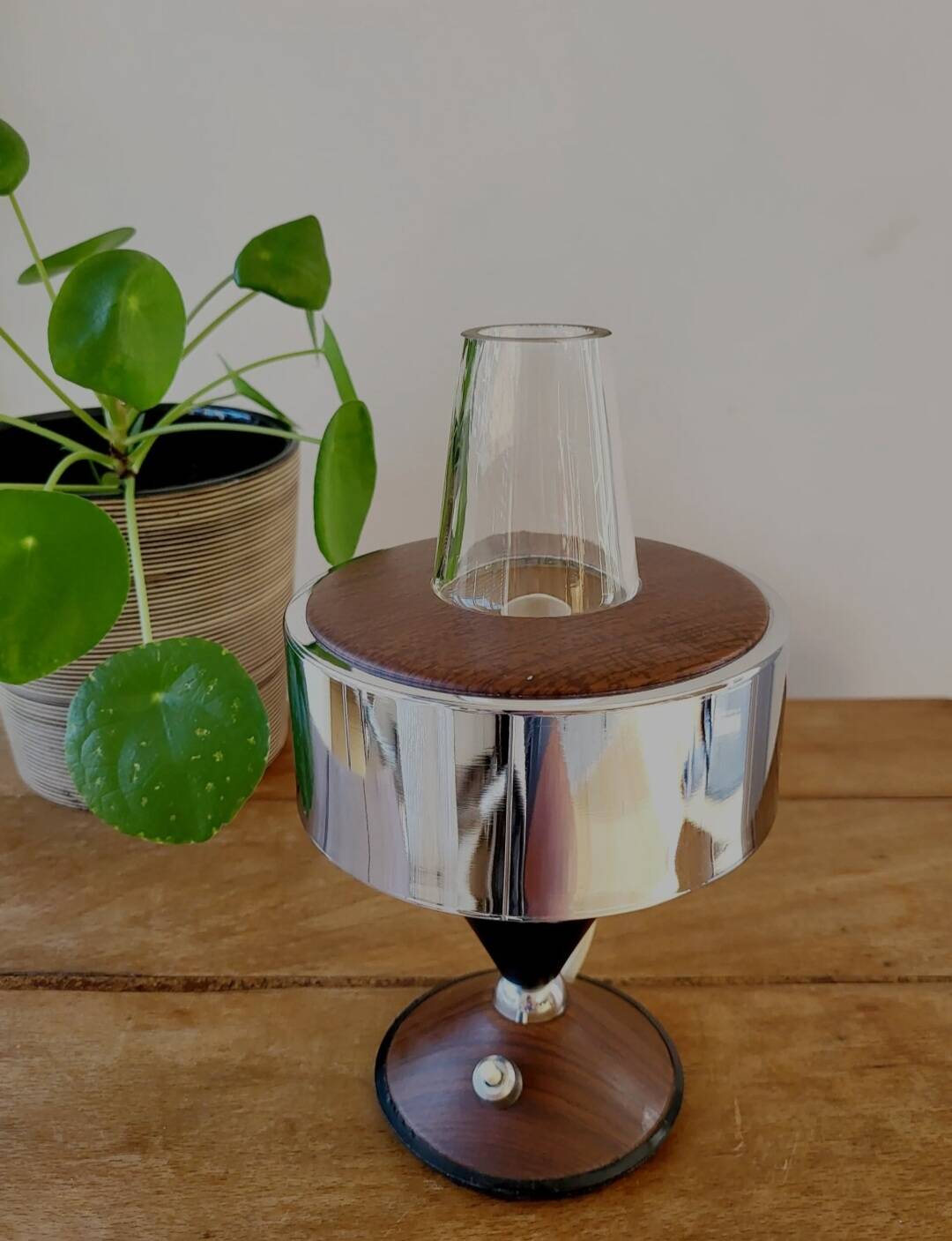 Wooden table lamp with chrome finish, 1950s