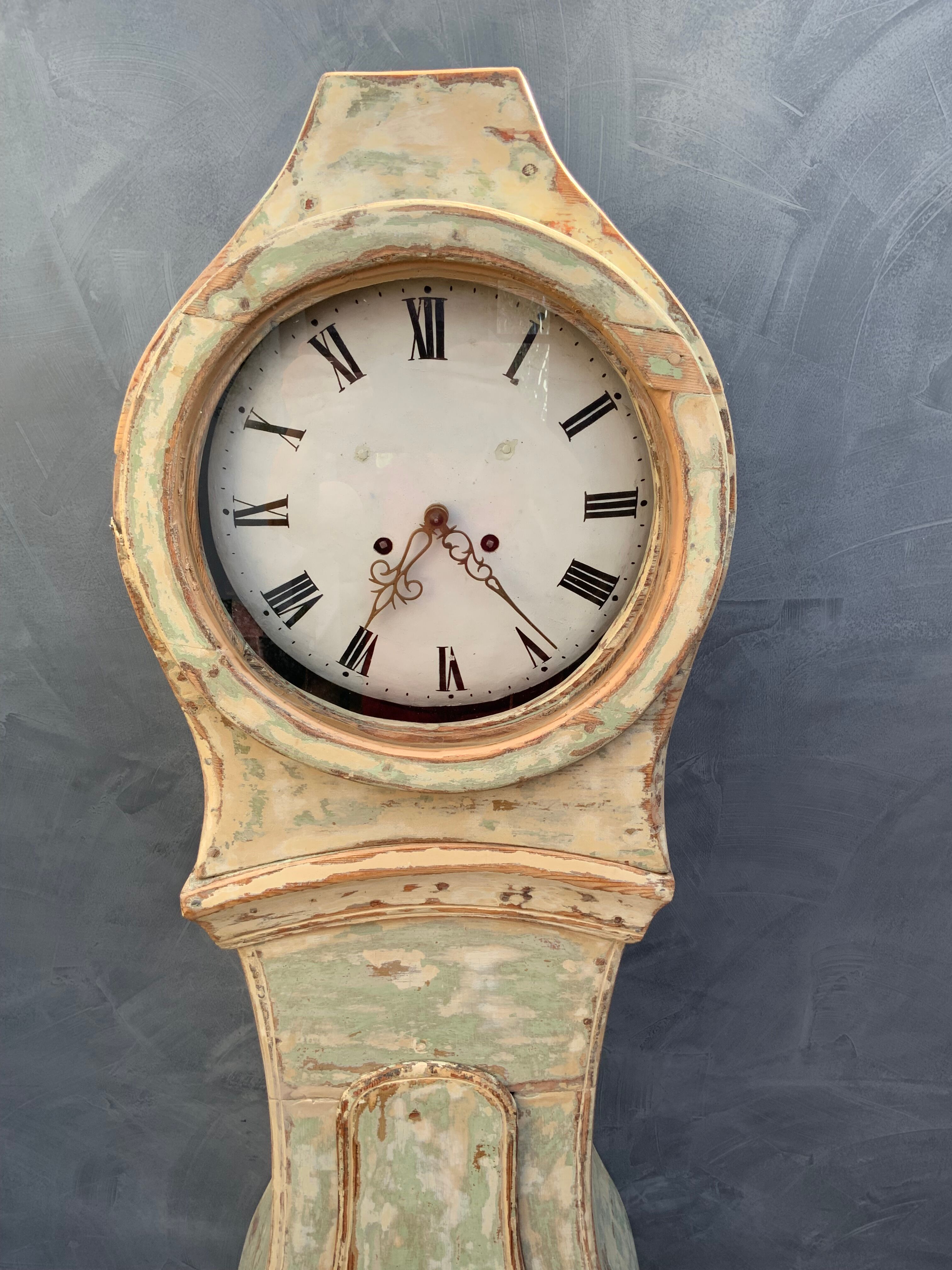 Antique mora clock long case, mint colour wood case 1800s