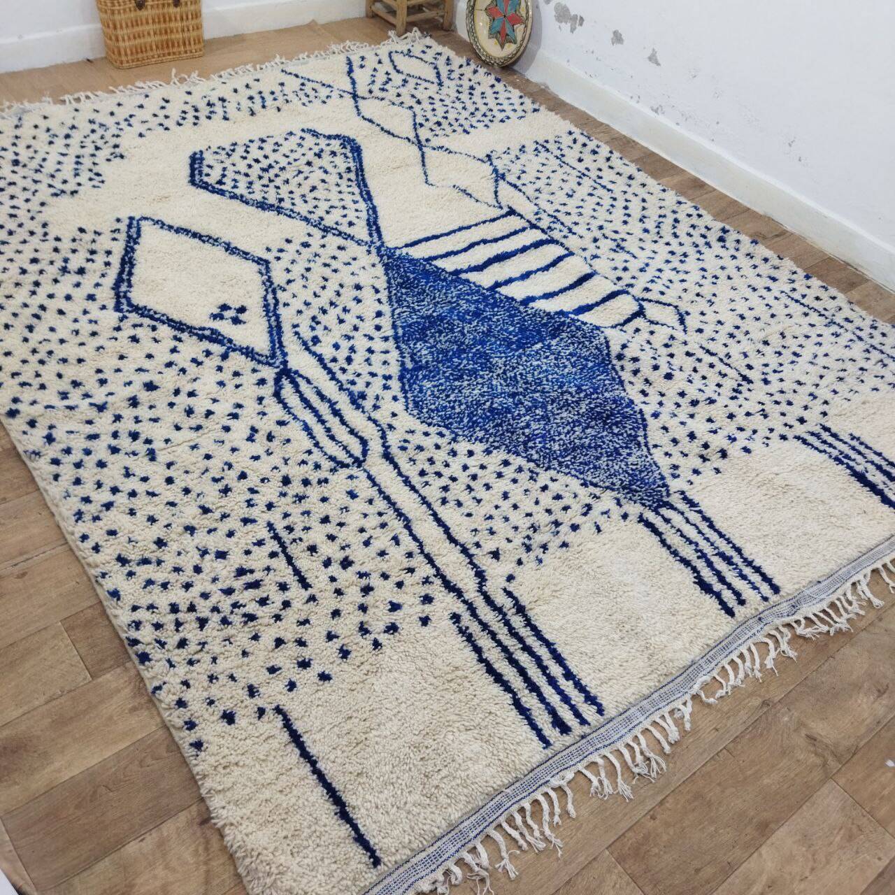 Vintage Azilal rug 310x246 cm - Blue geometric patterns