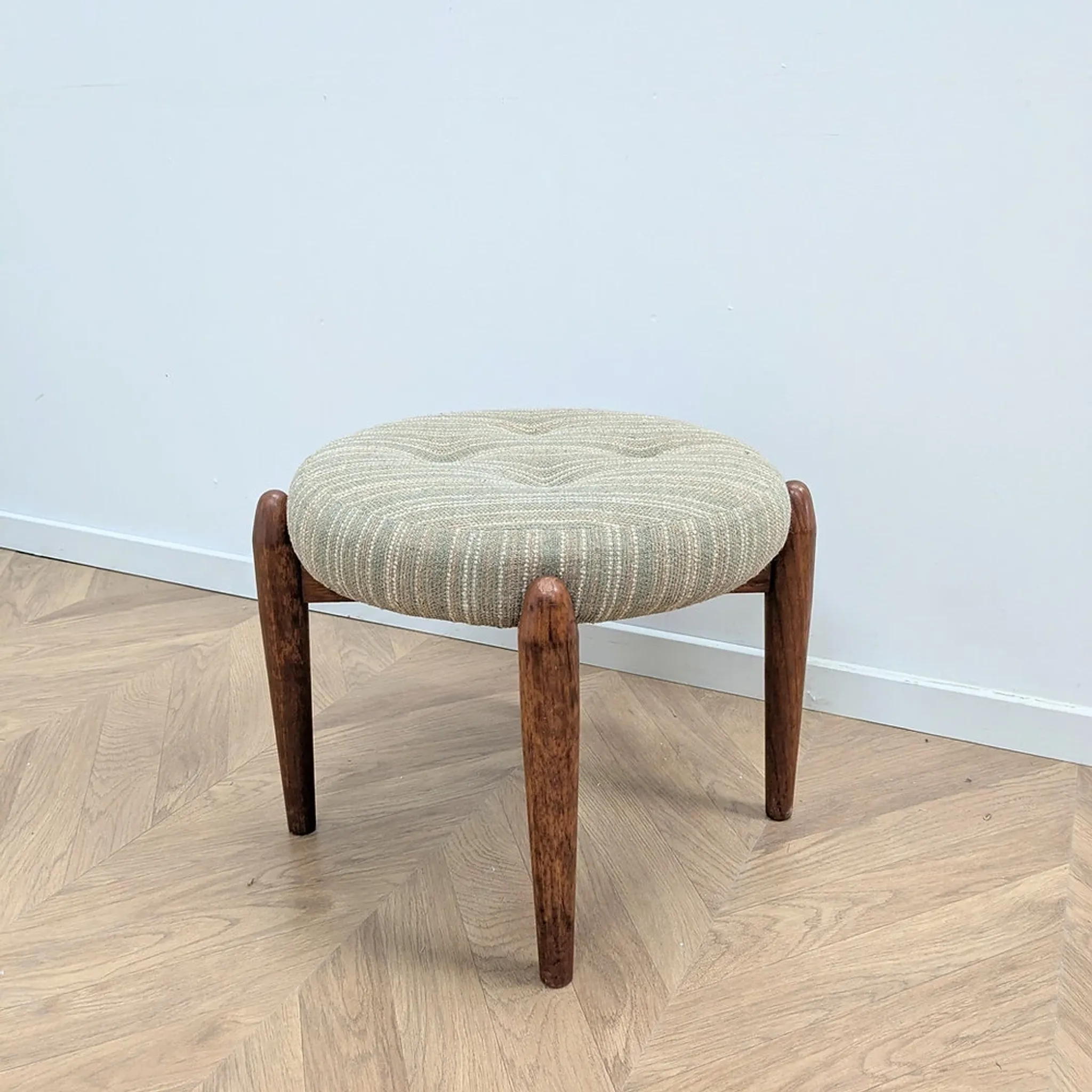 English stool in teak and cream fabric, 1960s