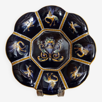 Coupe polylobée faience Gien - Renaissance fond bleu - Oiseaux antiques