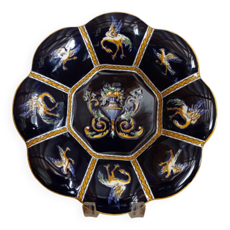 Coupe polylobée faience Gien - Renaissance fond bleu - Oiseaux antiques