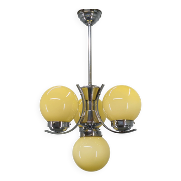 Art Deco Chrome and Opaline Glass Chandelier, Czechoslovakia