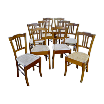 Series of 10 vintage 1940 chairs with rope seats