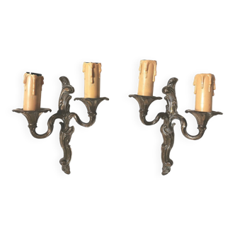 Pair of wall lights, classic style, LouisXV, gold metal, bronze or brass, candle holder effect