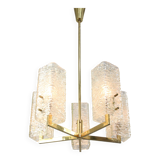 Lustre vintage par JT Kalmar / Vienne années 1960 / Blocs de verre dépoli et base en laiton du milieu du siècle