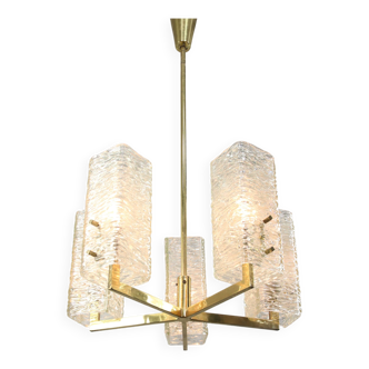 Lustre vintage par JT Kalmar / Vienne années 1960 / Blocs de verre dépoli et base en laiton du milieu du siècle