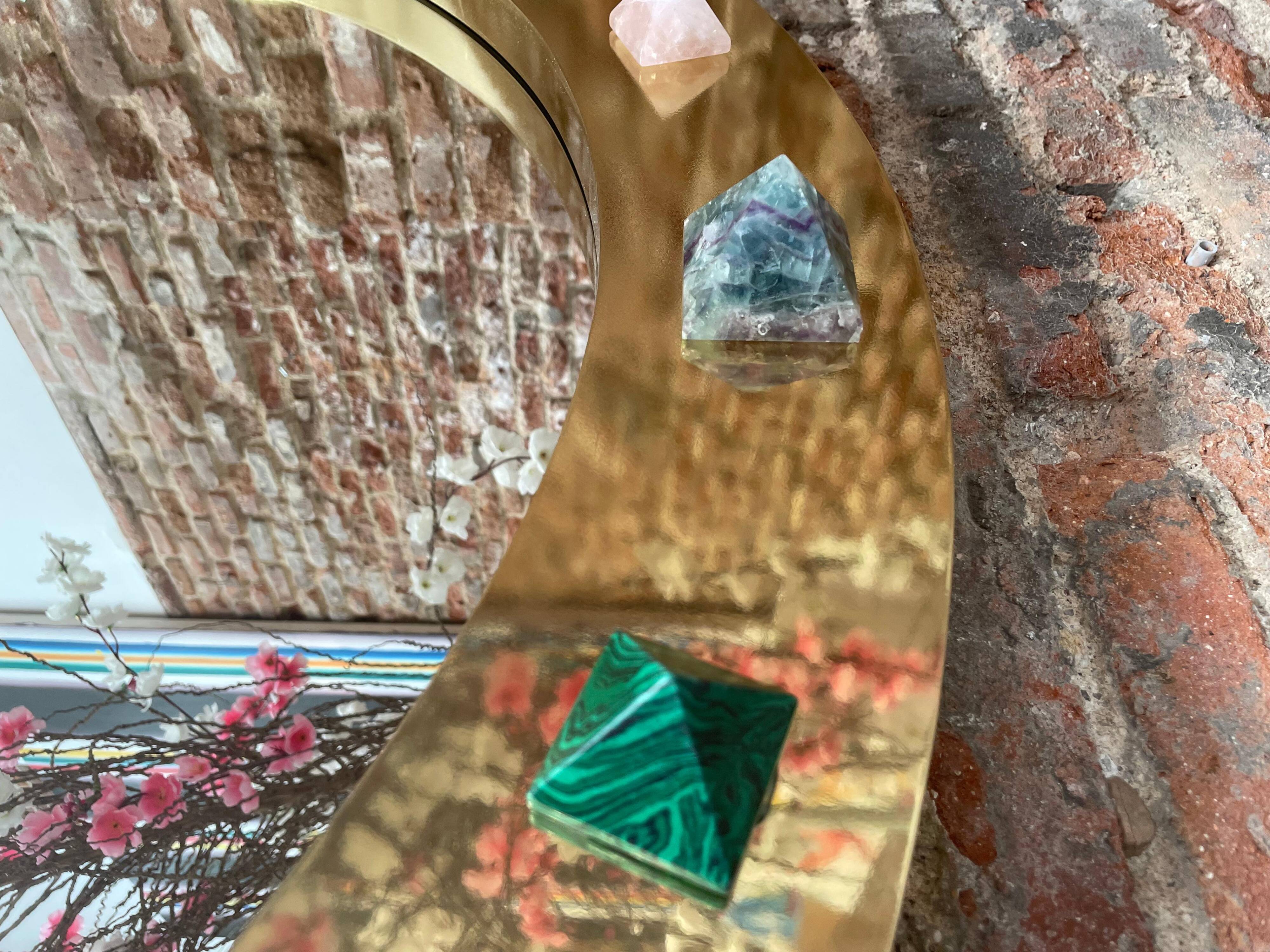 Modern Circular Mirror with Brass Frame and Semi-Precious Stone