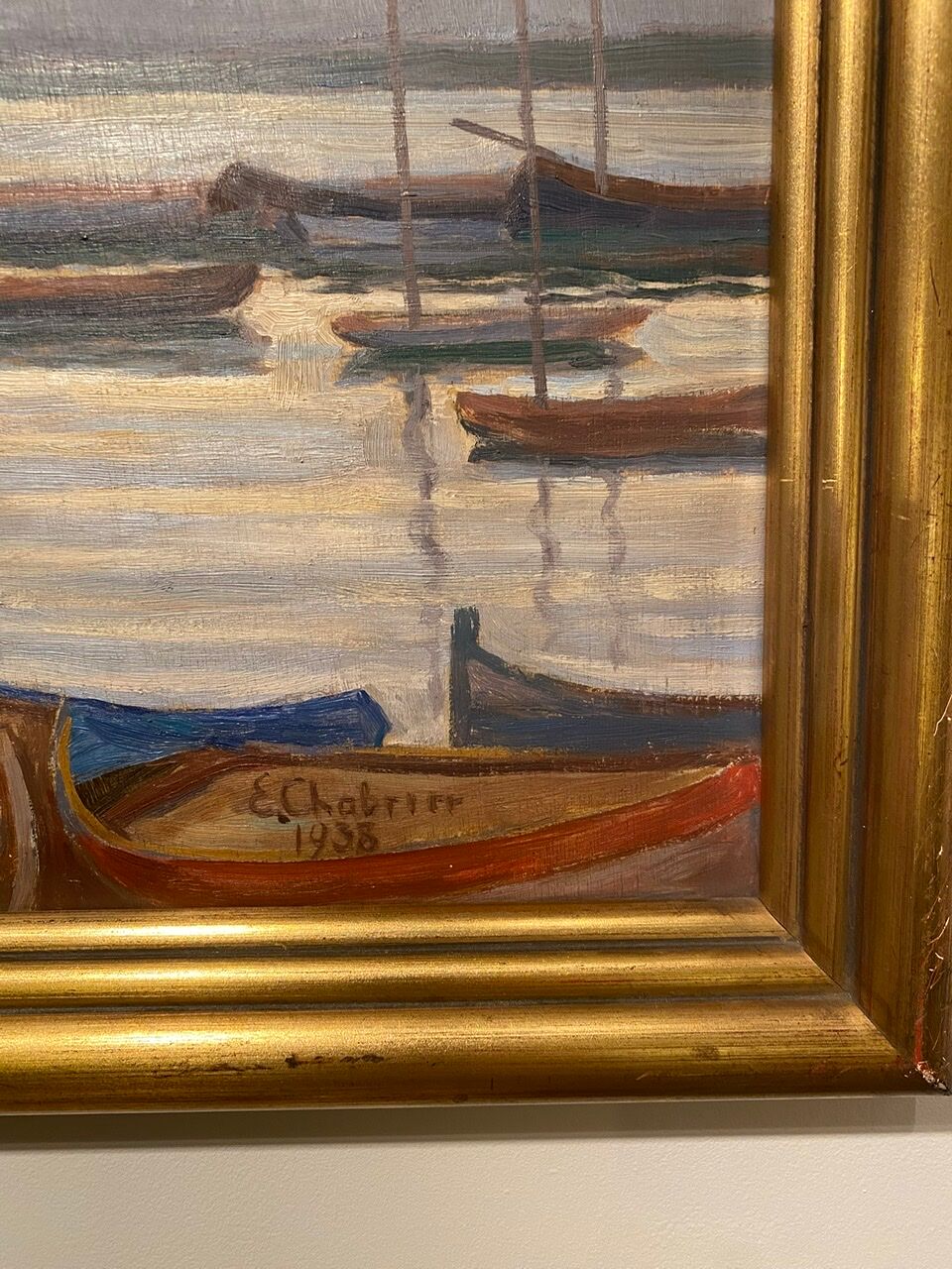 Old painting, Marine, signed E Chabrier and dated 1938