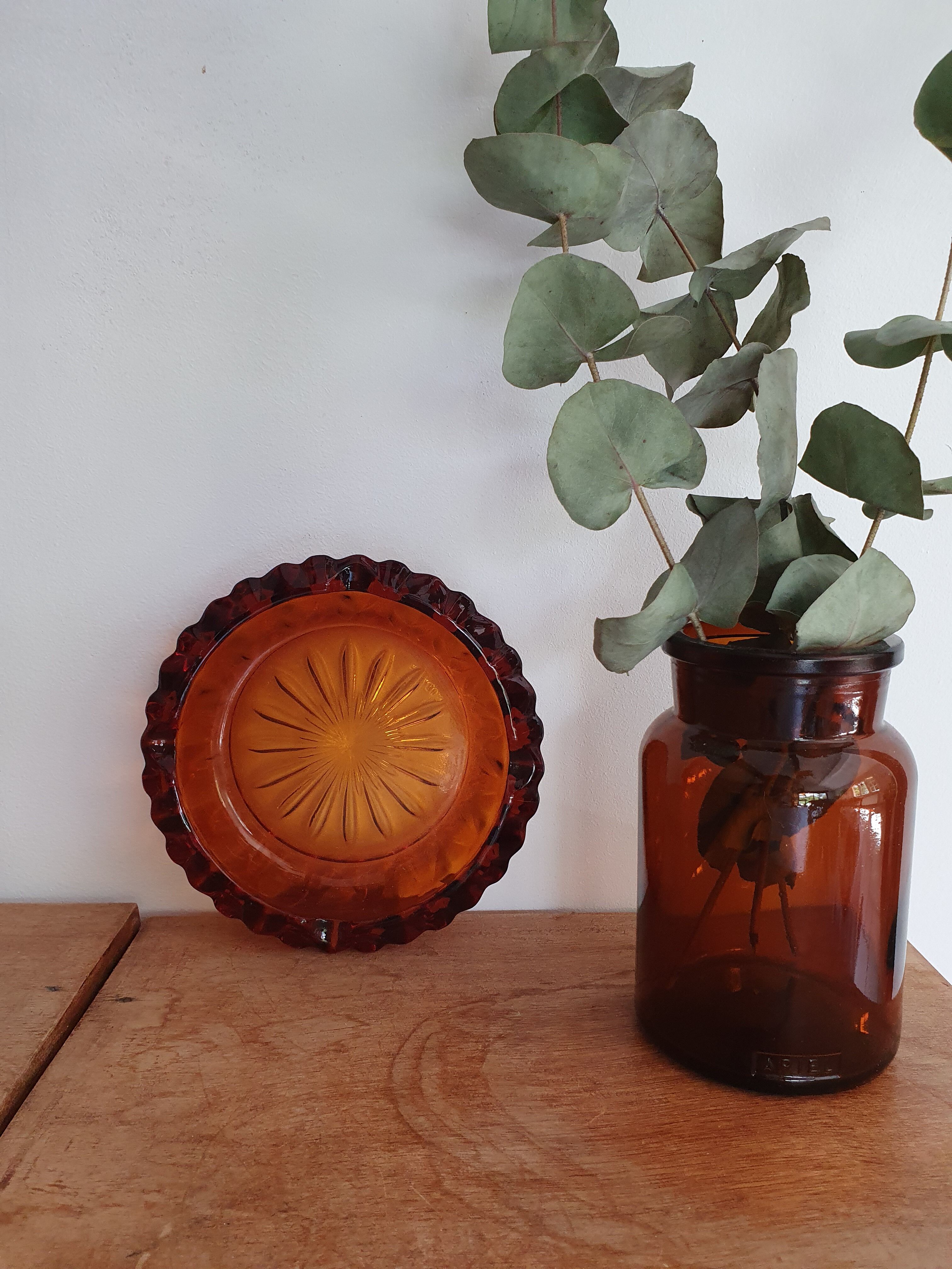 Amber glass ashtray