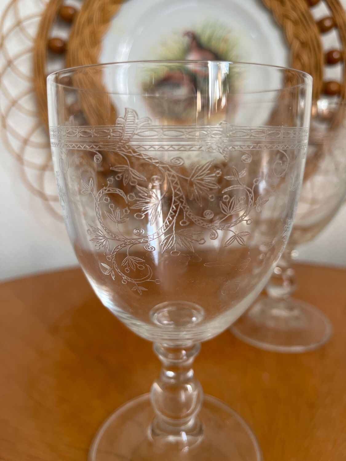 Set of two engraved glass wine glasses