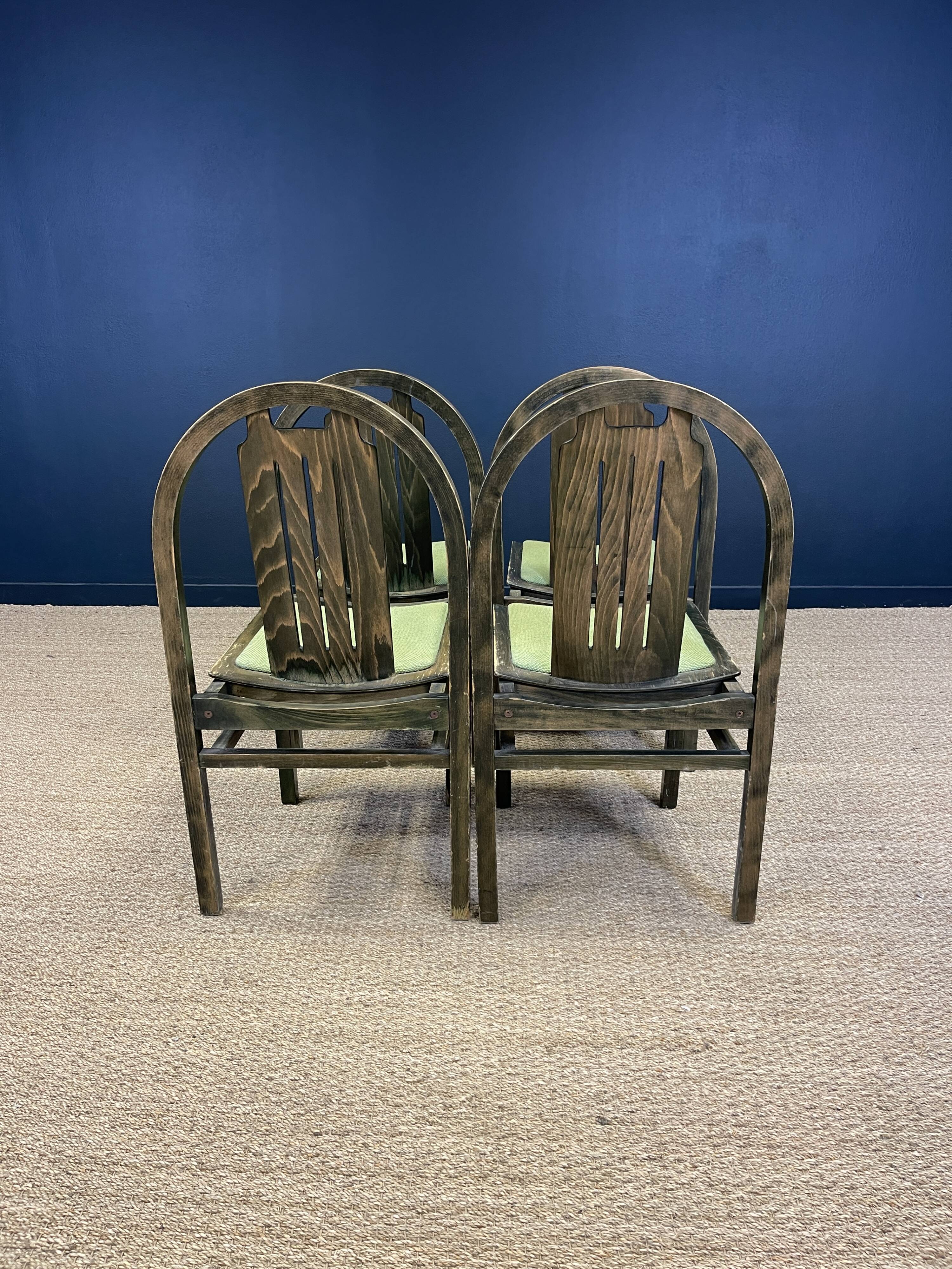Set of 4 Baumann Argos bistro chairs in wood and green fabric from the 80s France