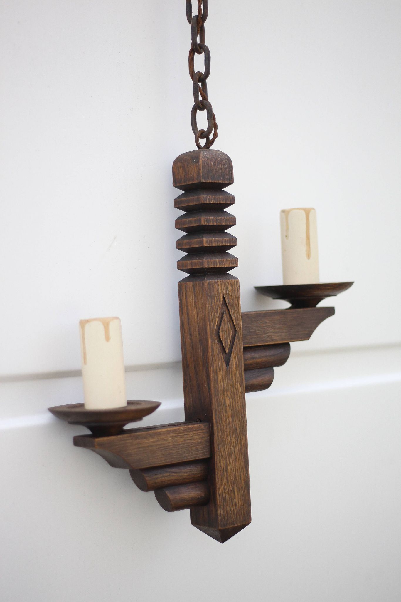 Wooden pendant light, vintage pendant light, 2-light wooden hanging lamp, Gothic