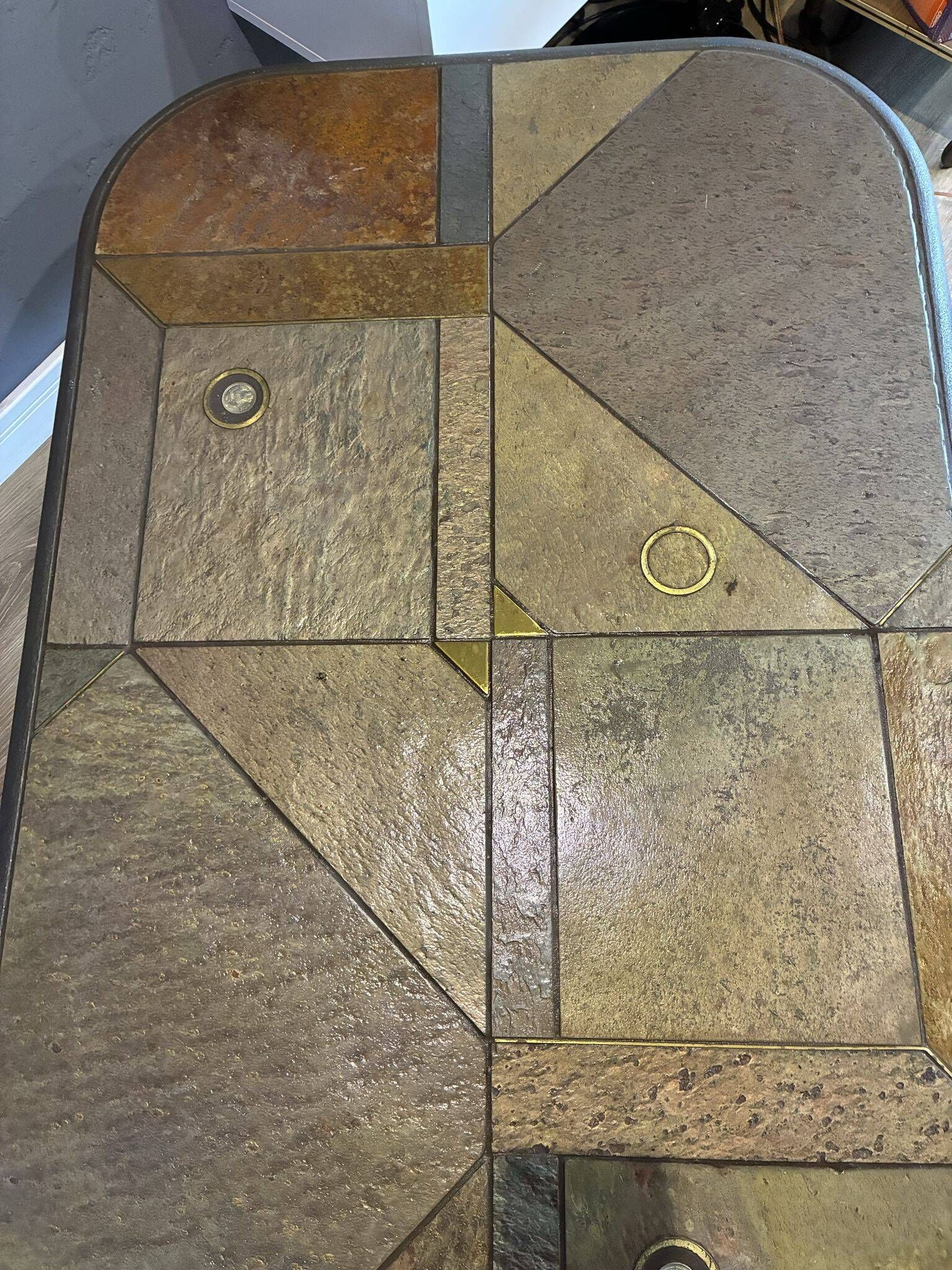 Paul Kingma brutalist coffee table, stone and brass, 1980s