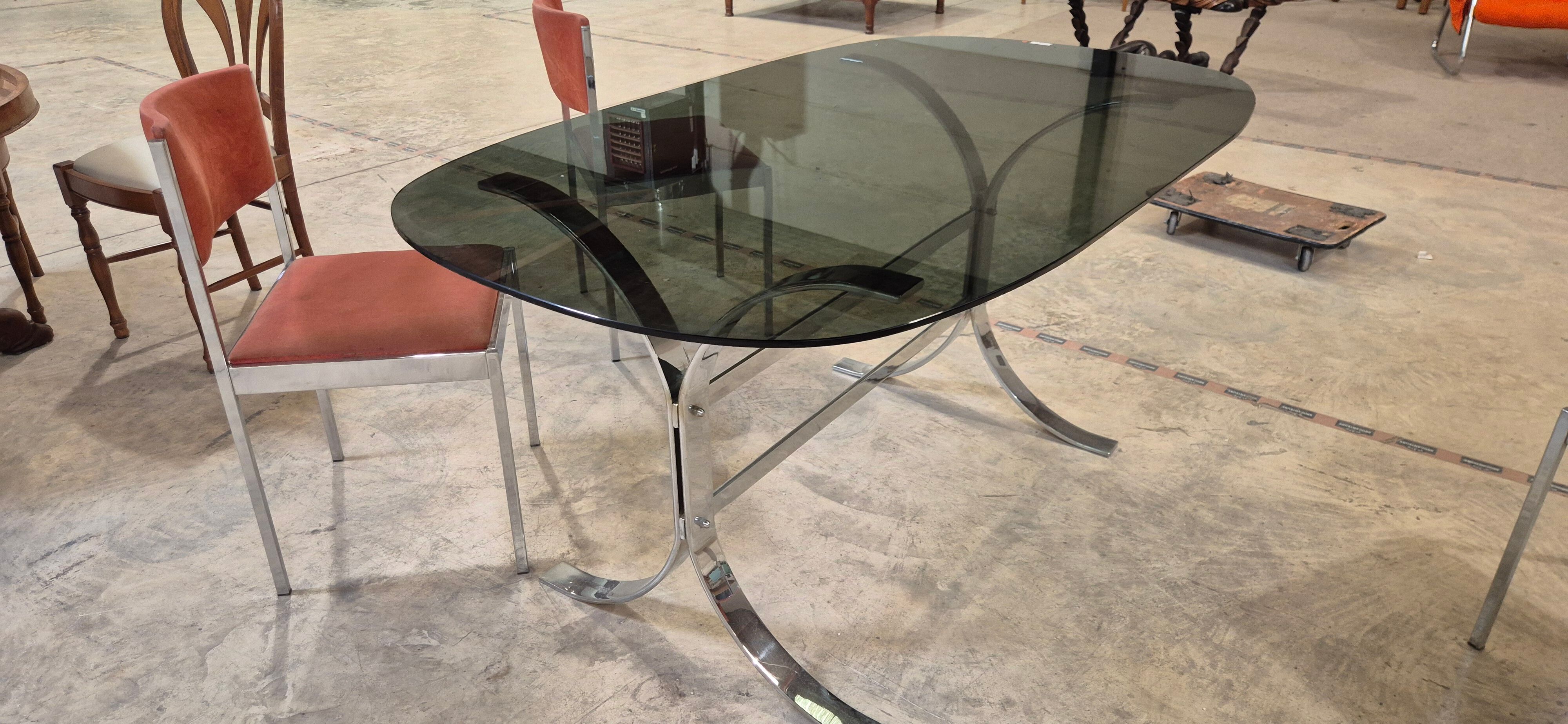 Dining room table + 4 stainless steel and smoked glass chairs 1970
