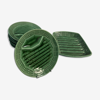 Flat earthenware asparagus set and 8 Sarreguemines plates