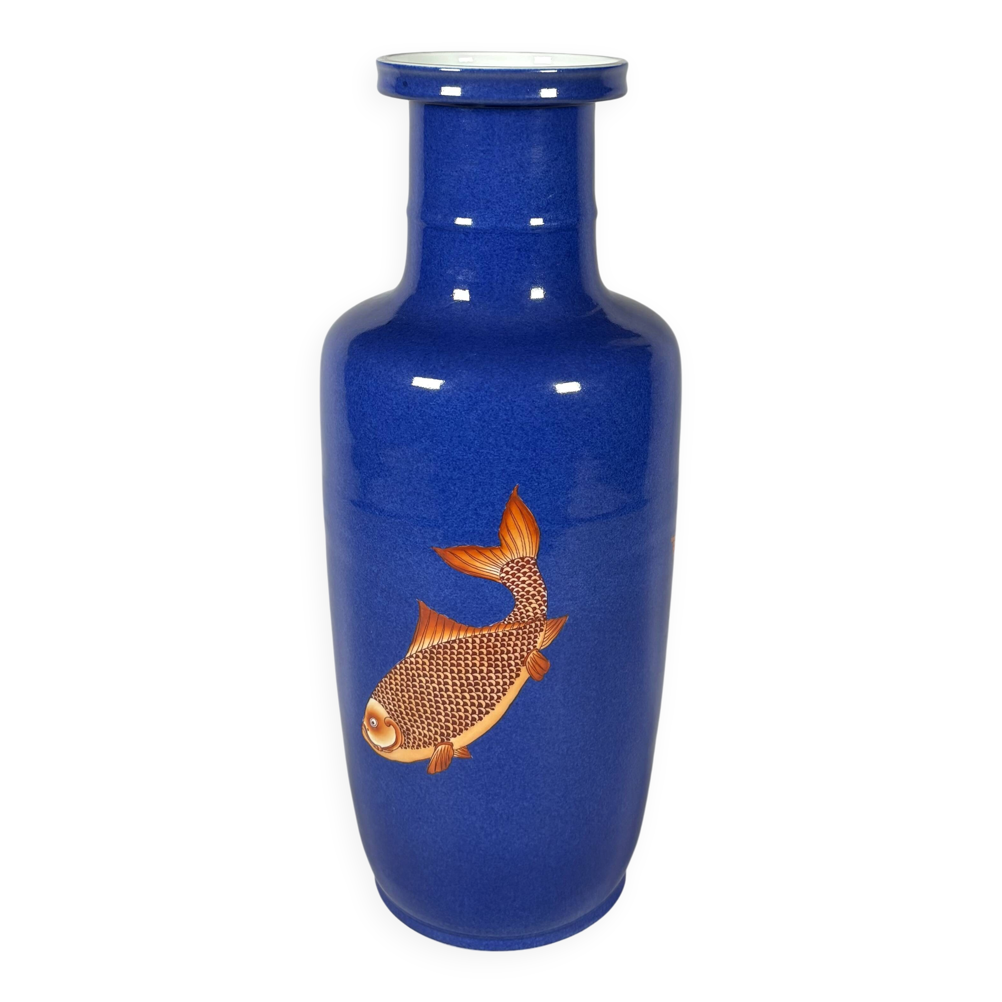 China, 19th century porcelain vase with a carp design on a blue background
