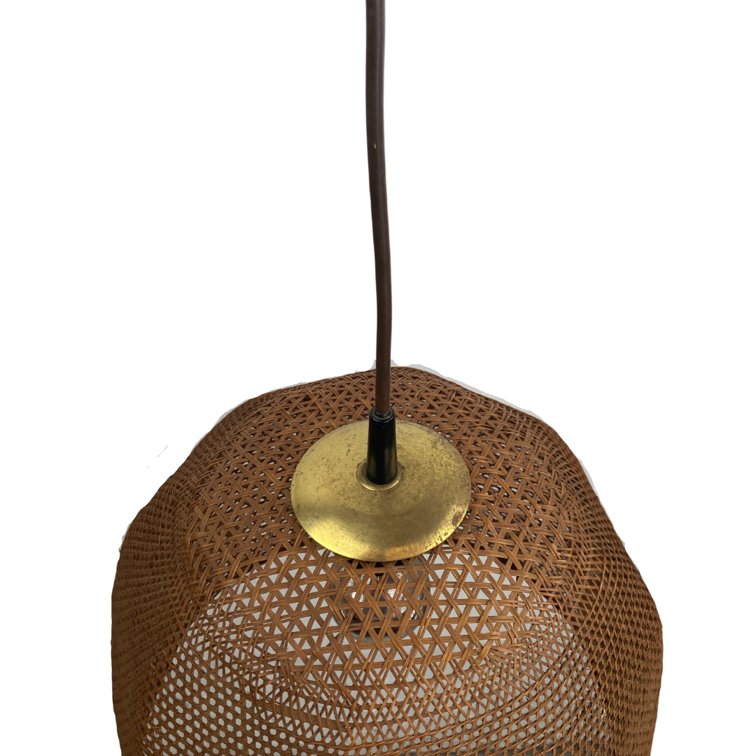 Rattan wicker webbing beehive pedant hanging lamp with brass, Dutch 1960s