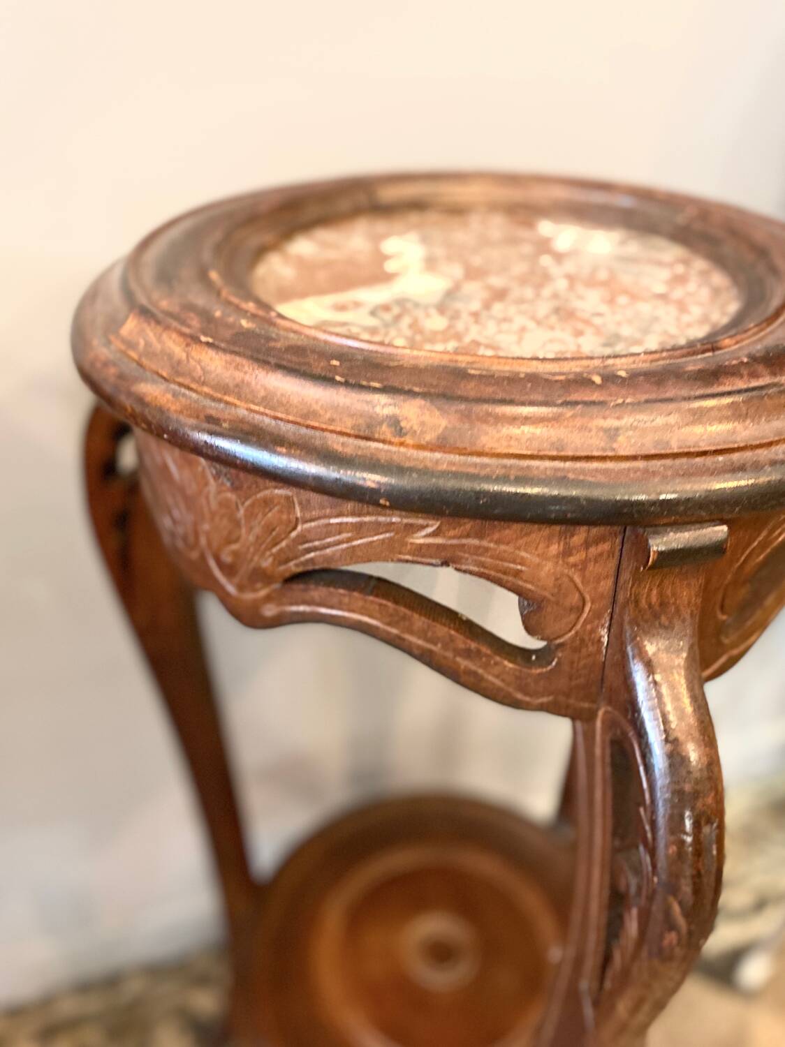 Art Nouveau wooden and marble stool