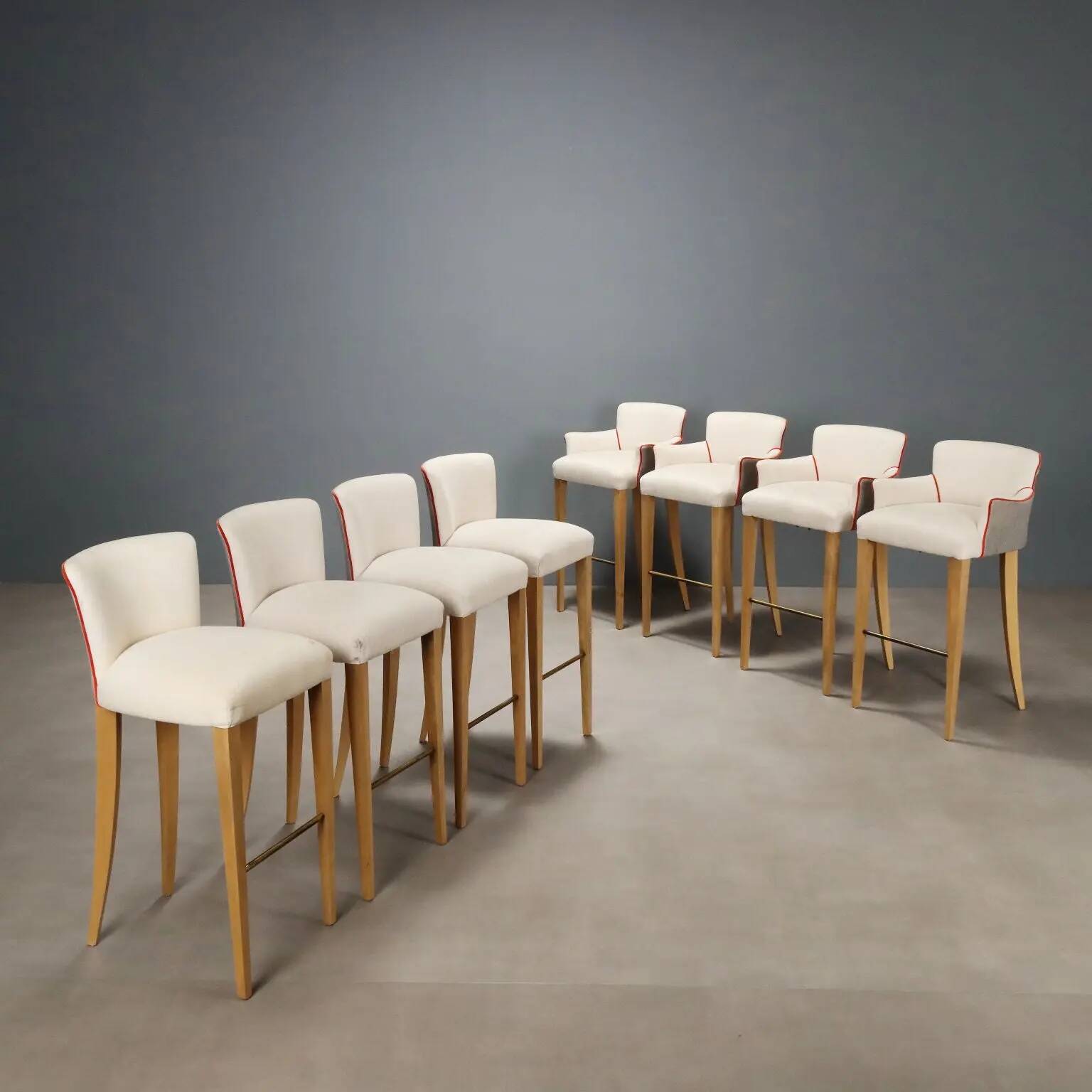Antique stools by William Yeoward in beech and brass, England, 20th century.