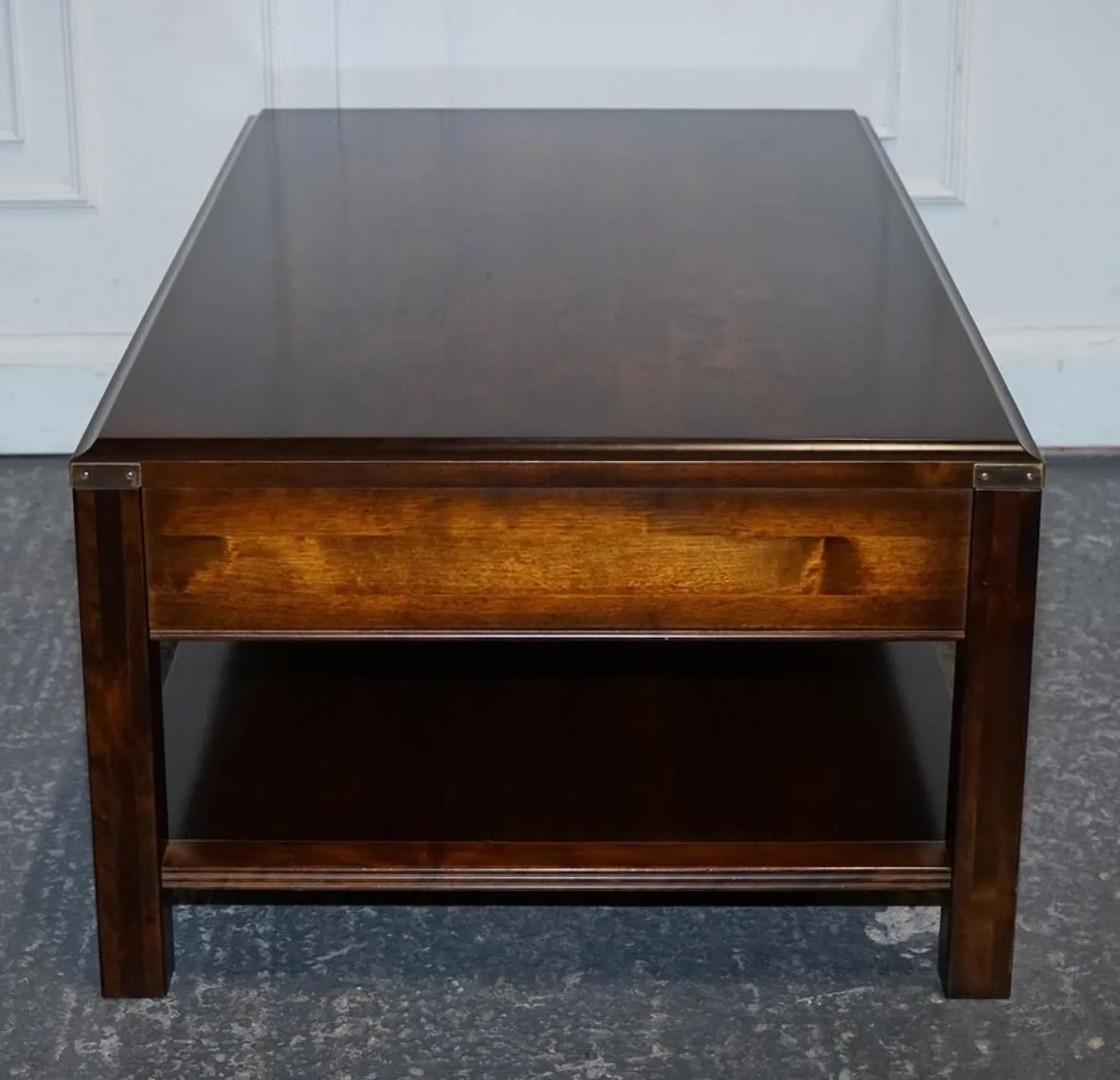 Vintage Military Campaign Coffee Table in Brass and Hardwood with Drawers