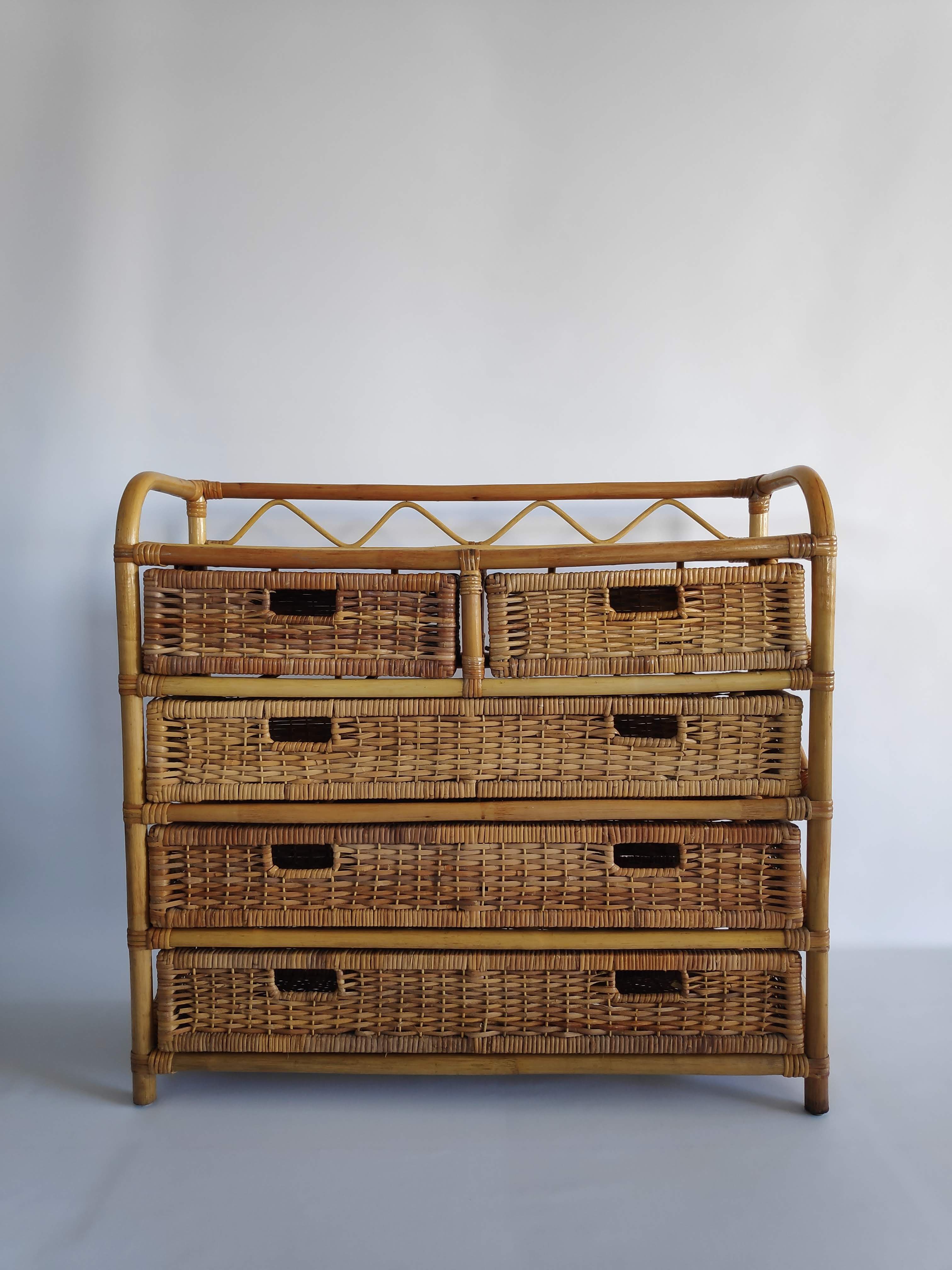 Chest of drawers vintage rattan and wicker of the 1970s