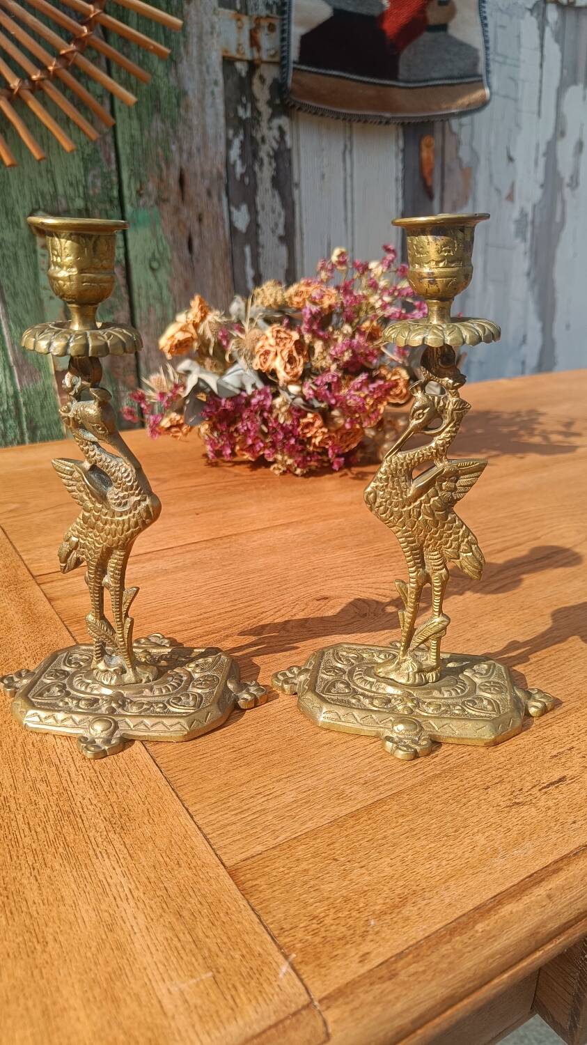 Bronze candlesticks, heron, Orientalist Art Deco