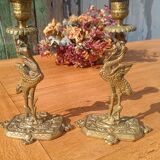 Bronze candlesticks, heron, Orientalist Art Deco