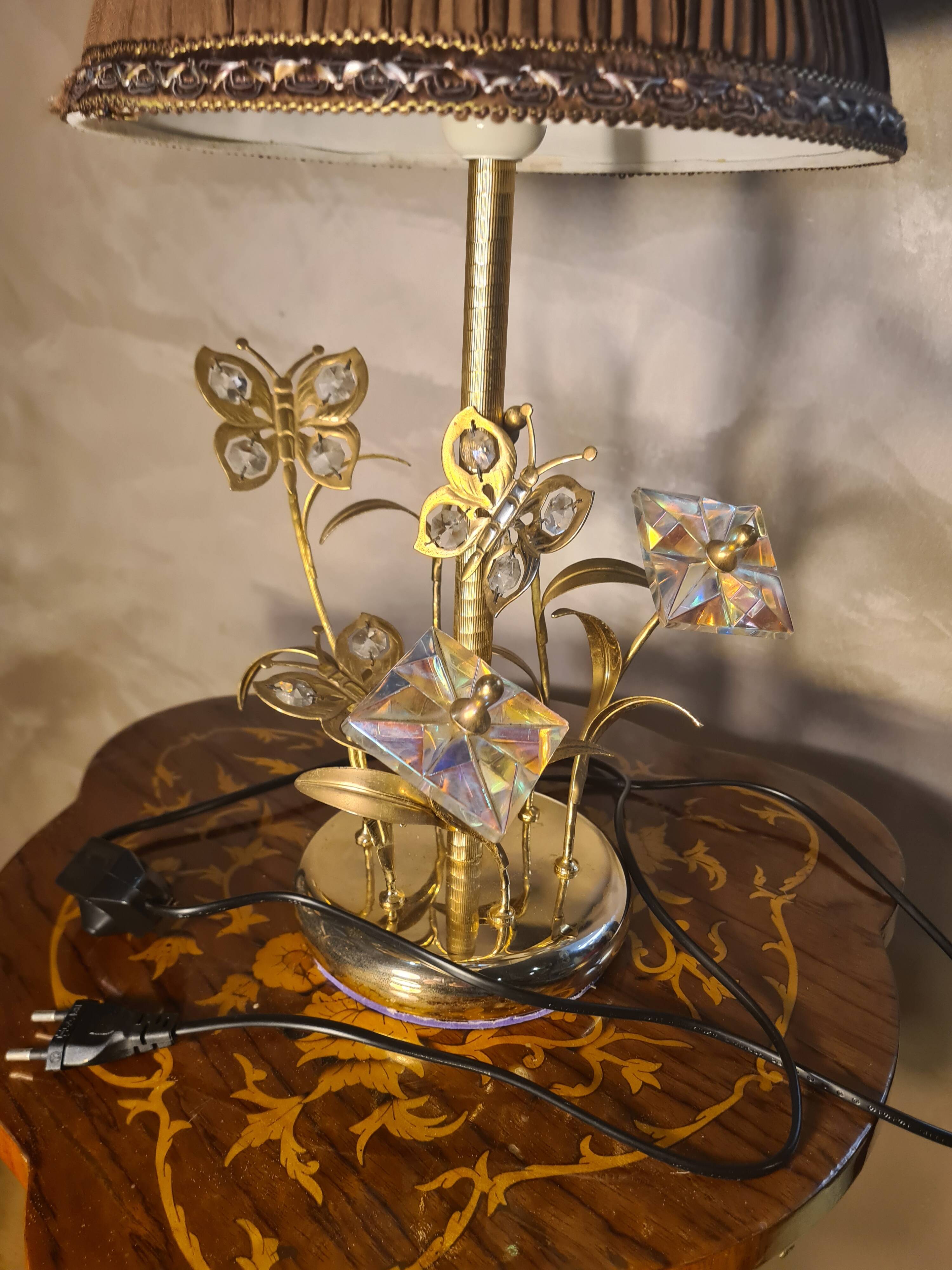 chrome or brass glass lamp, flower and butterfly 1975 to 80s pleated shade