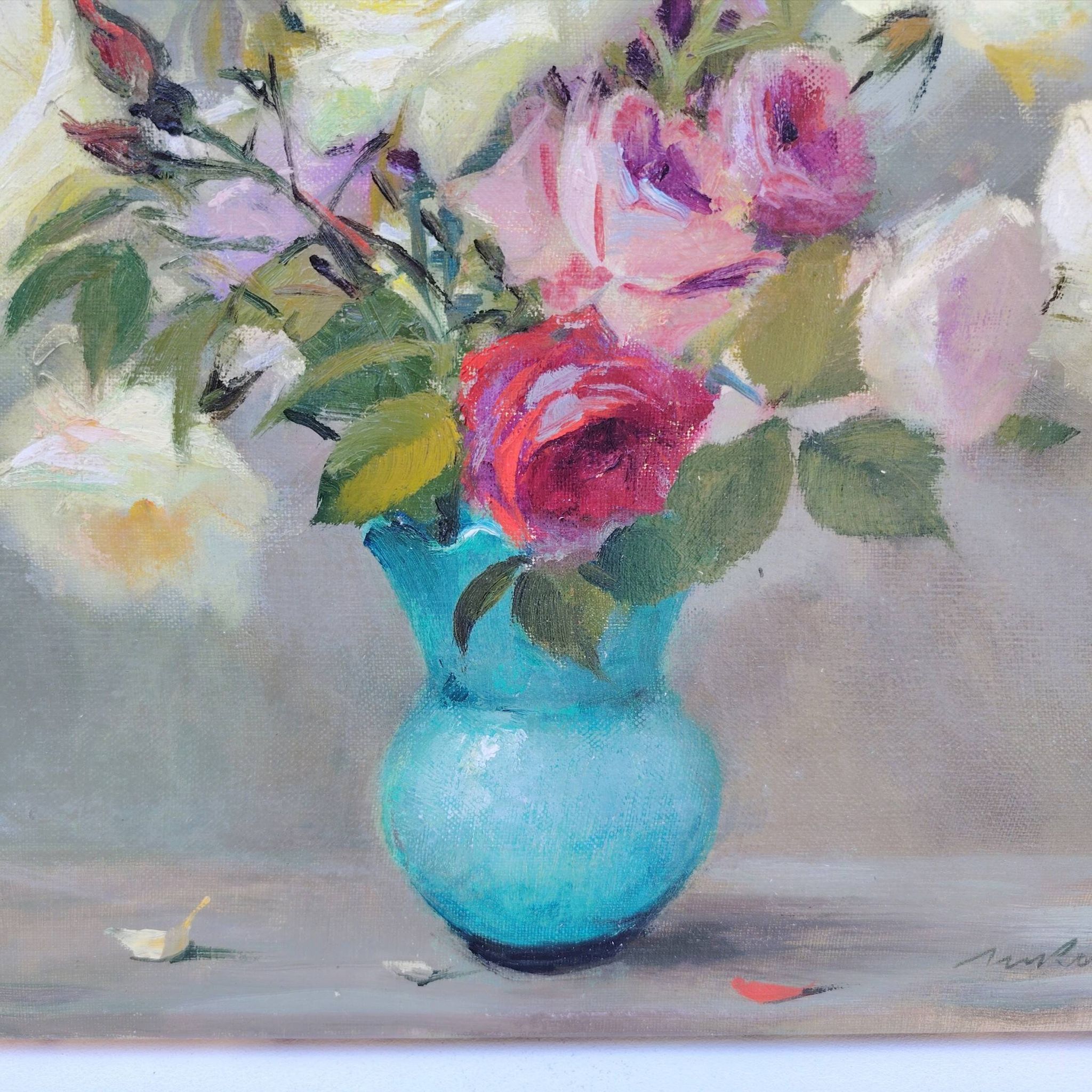 Huile sur toile  Bouquet de roses  signé Robert