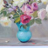 Oil on canvas Bouquet of roses signed Robert