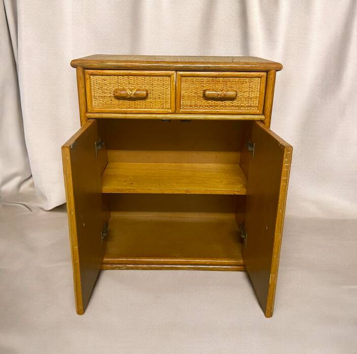 Vintage wooden and rattan chest of drawers