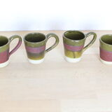 Set of 4 green and purple ceramic cups