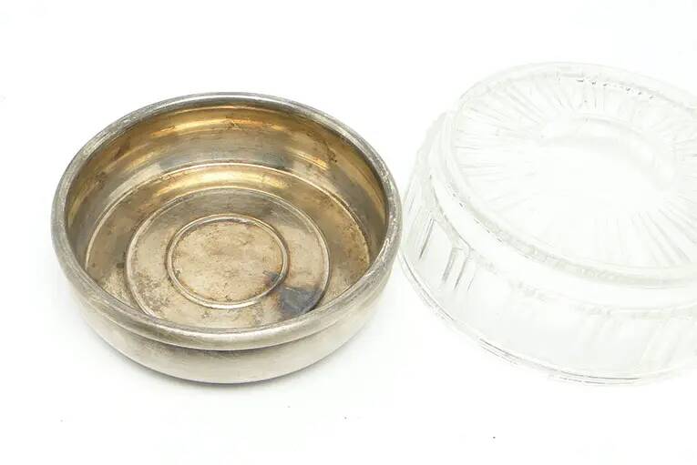 Mid-century modern sugar bowl, glass, silver-plated brass, Poland, 1960s