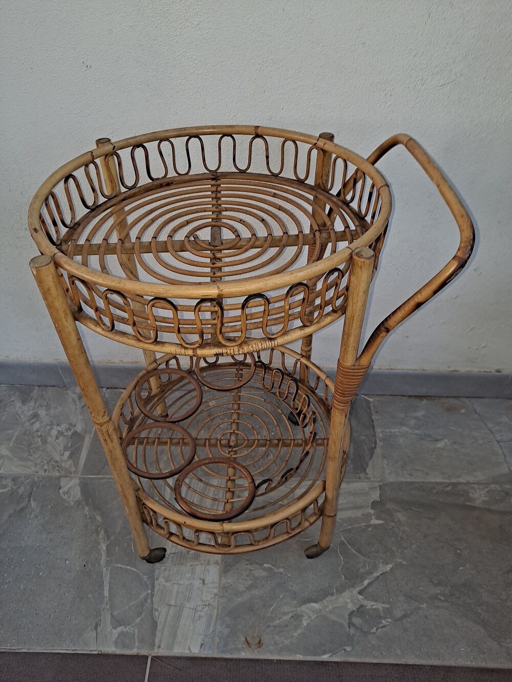 Mid-century Italian Bamboo and Rattan Round Bar Cart
