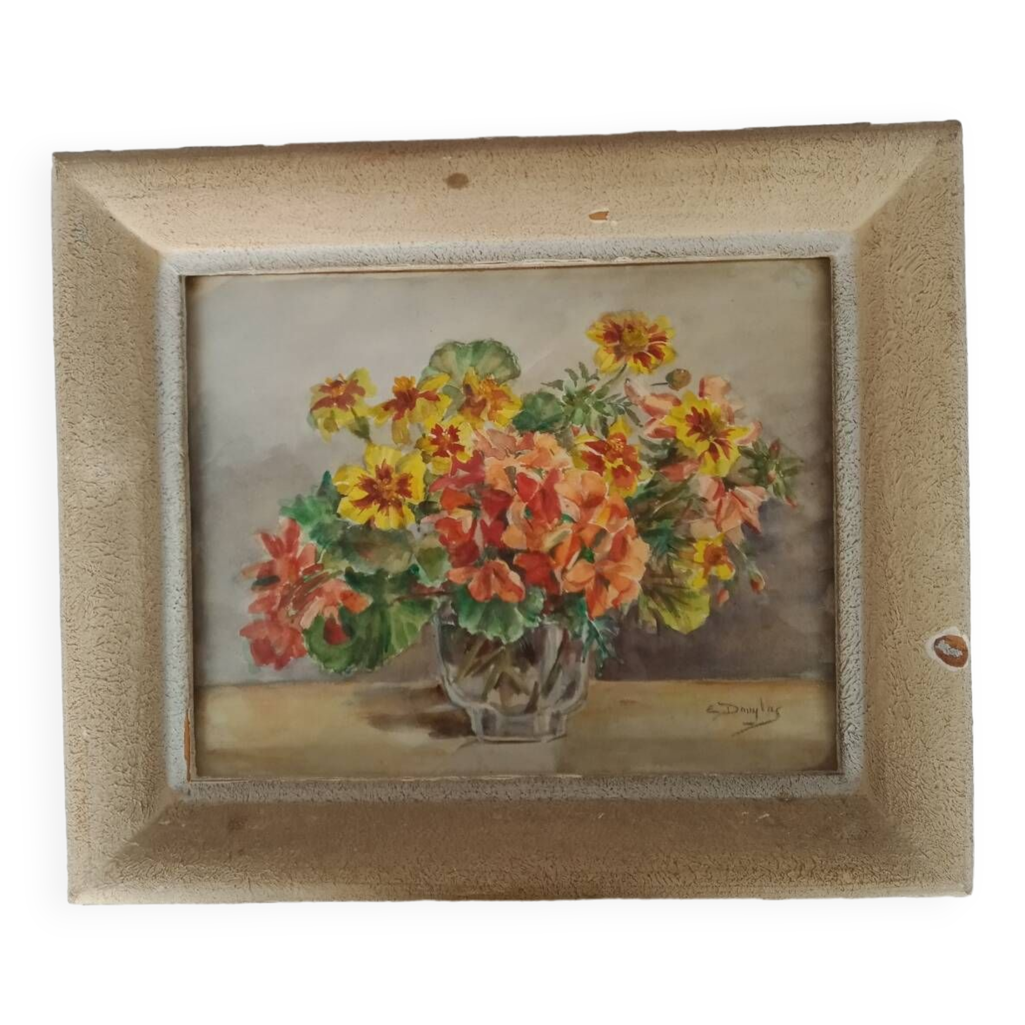 Watercolor painting bouquet of flowers signed old