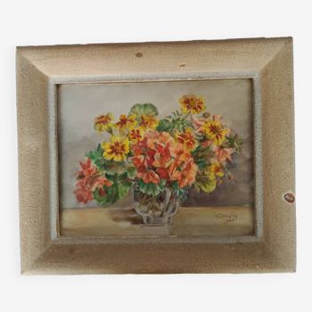 Tableau aquarelle bouquet de fleurs signé ancien