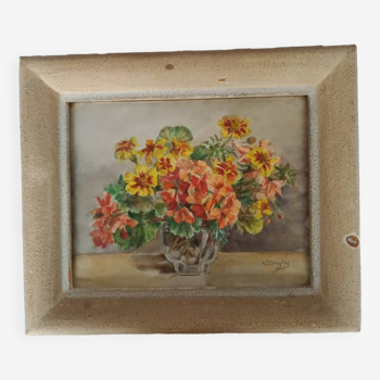 Watercolor painting bouquet of flowers signed old