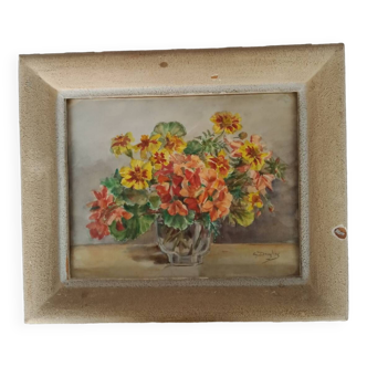 Watercolor painting bouquet of flowers signed old