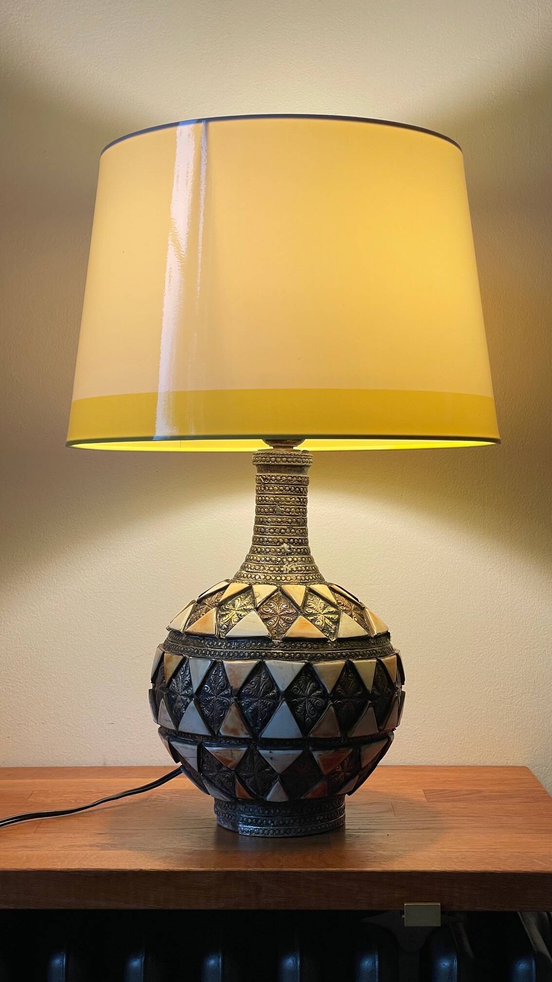 Vintage handcrafted lamp, pottery and silver-plated metal