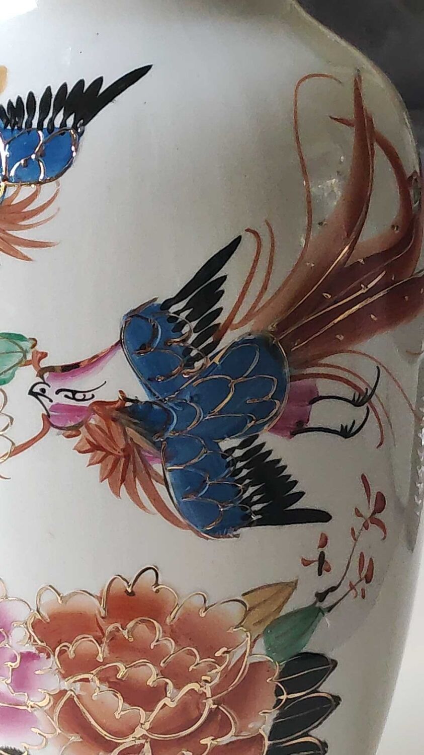 Large Chinese baluster vase. Exotic floral/dragon/bird designs. High 42 cm