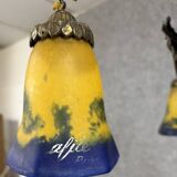 After Muller: Art Nouveau bronze and glass paste chandelier