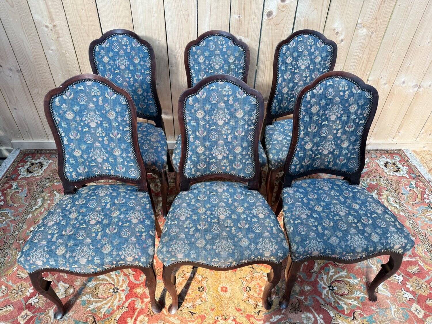Suite de 6 chaises Chippendale anglais XIXe – Acajou, tissu jacquard