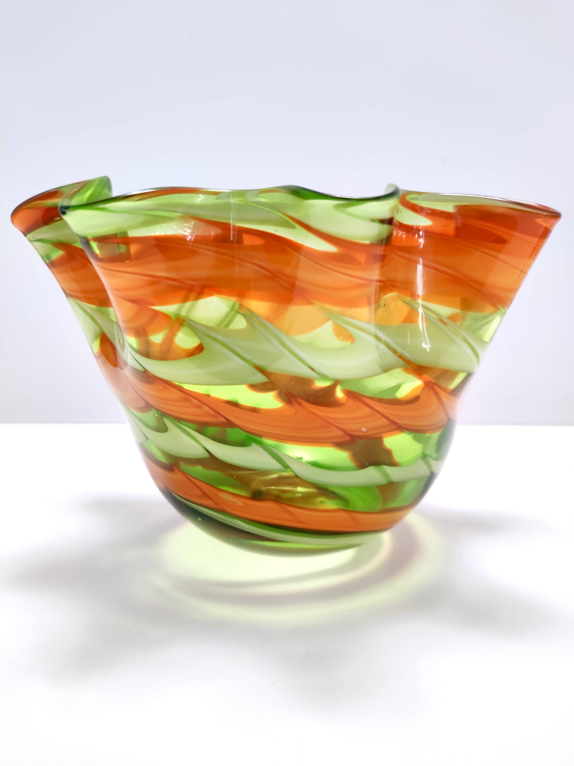 Postmodern Green and Orange Murano Glass Fazzoletto Vase by Fratelli Toso, Italy